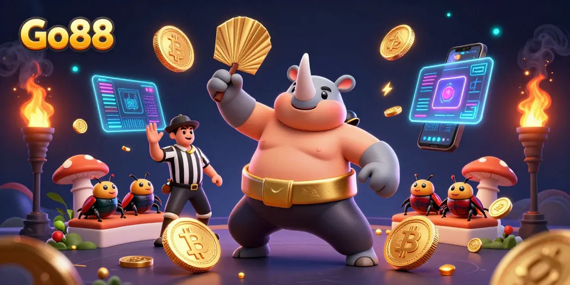 Experience the excitement of Go88 as a rhinoceros beetle sumo champion dominates with a golden stomp!