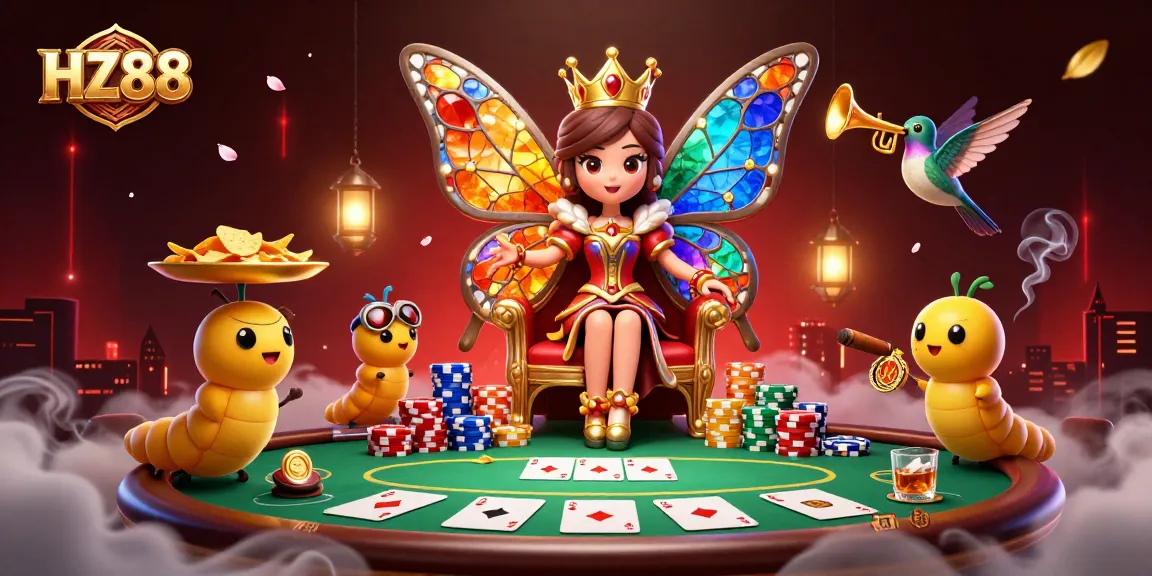 Experience the excitement of gambling at HZ88 with colorful poker chips and a dynamic casino scene.