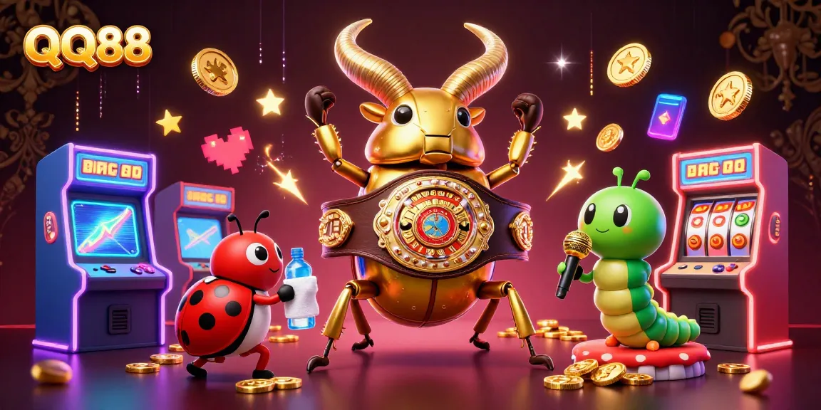 Experience QQ88's vibrant gaming world with a giant beetle champion, dynamic arcade elements, and casino excitement.
