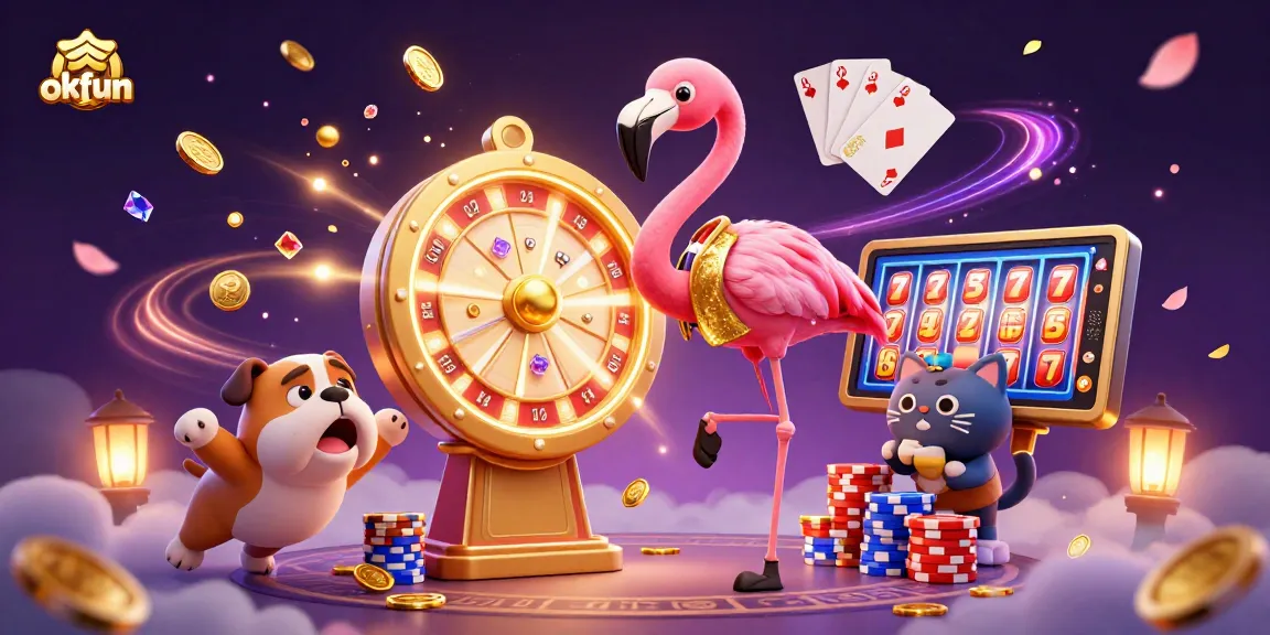Play thrilling slot games and win with okfun in an exciting 3D casino illustration featuring dynamic elements.