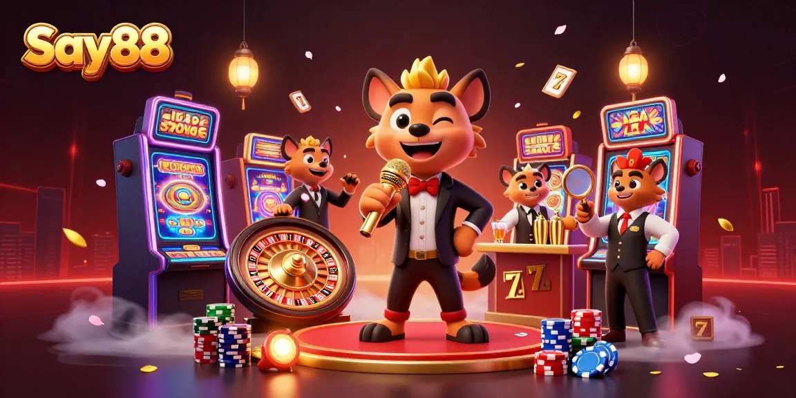 Say88 casino scene with hyenas as comedians, bartender, and bouncer creating a vibrant gambling atmosphere.