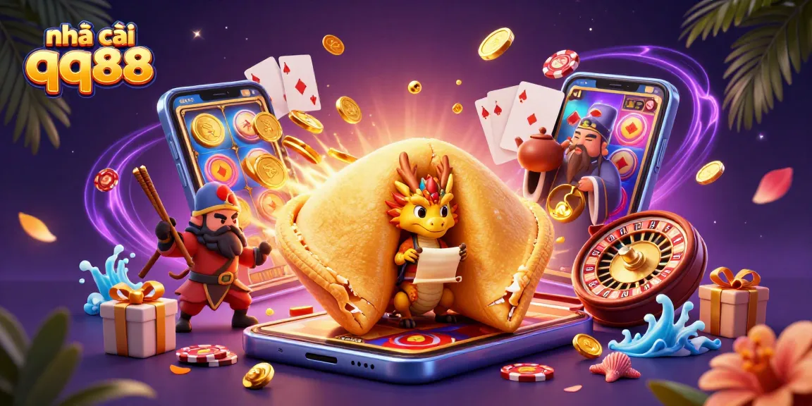 Engage with nhà cái qq88's vibrant casino scene featuring golden fortune cookie, wise dragon, and dynamic gaming elements.