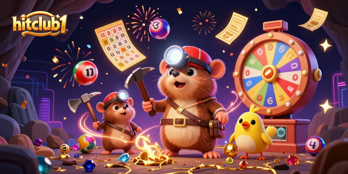 Hitclub1 showcases a thrilling 3D illustration of a treasure hunter mole and canary amidst vibrant gambling elements, celebrating big wins.