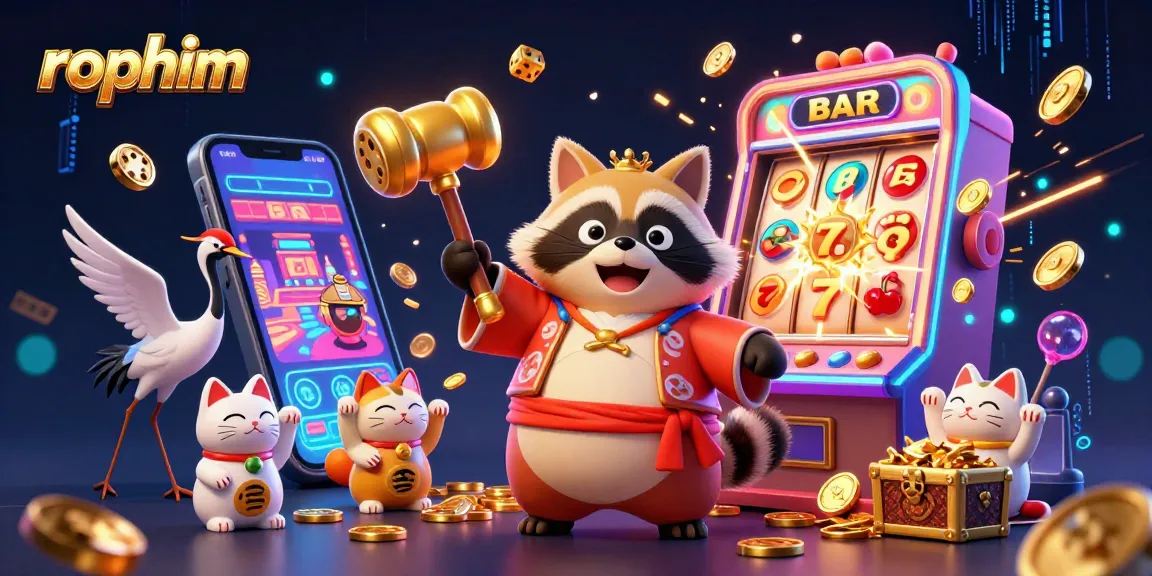 Experience the excitement of rophim with a vibrant gambling scene featuring a cheerful tanuki, slot machine, and colorful symbols.