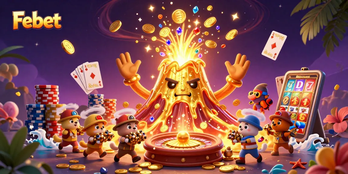 Engage with Febet's thrilling casino scene featuring a golden volcano erupting gems and coins.