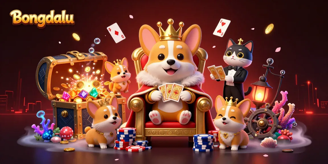 Bongdalu captures thrilling poker action with a royal corgi and vibrant casino elements.