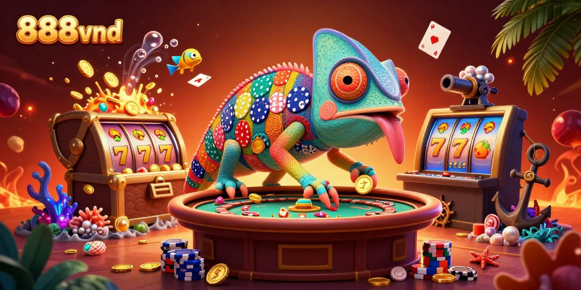 Experience the vibrant world of 888vnd with golden coins and thrilling slot reels in a lively casino scene.