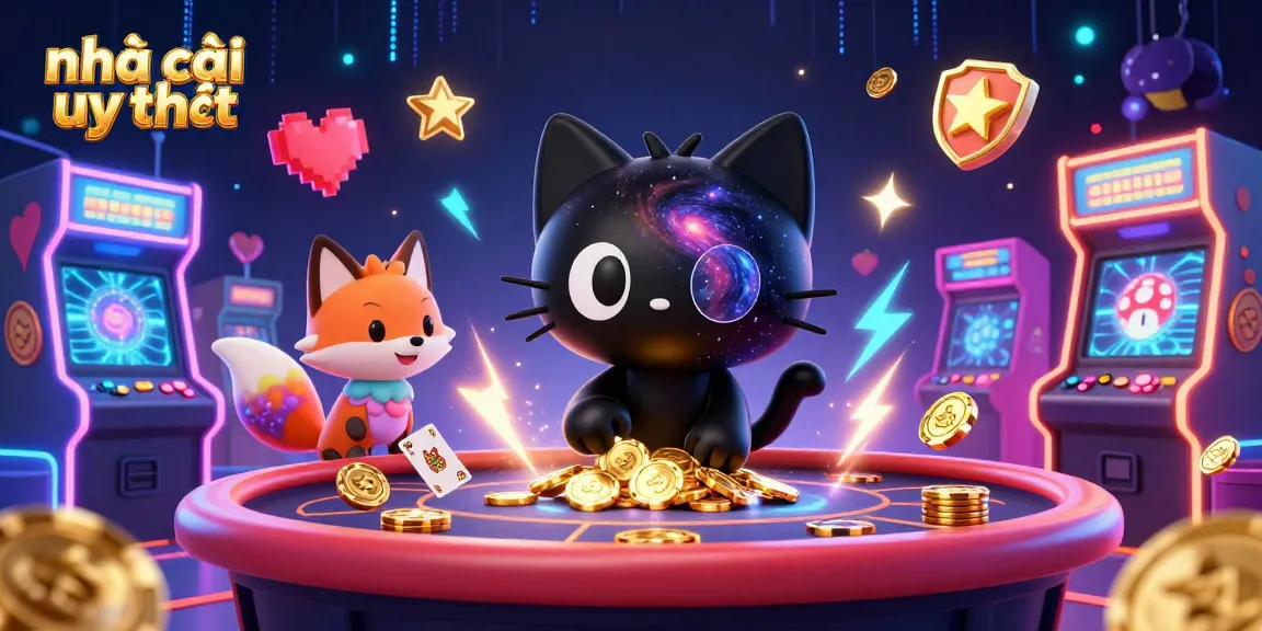 Engage with nhà cái uy tín through captivating cosmic casino visuals, showcasing a black hole cat and colorful elements.