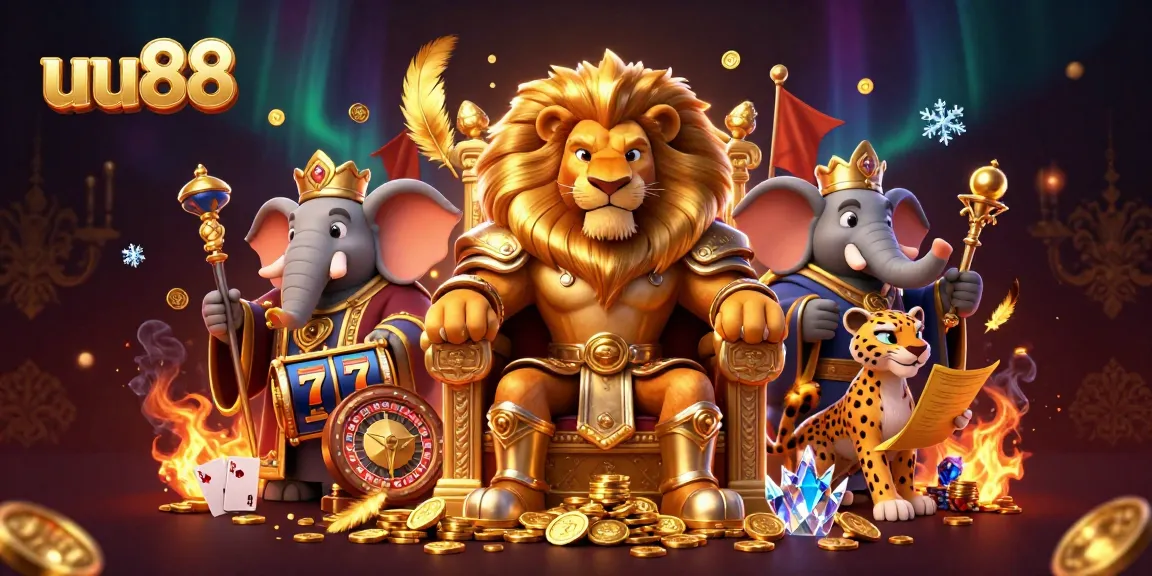 Experience big wins at uu88 with our vibrant casino scene featuring a royal lion king, elephant advisor, and cheetah messenger.