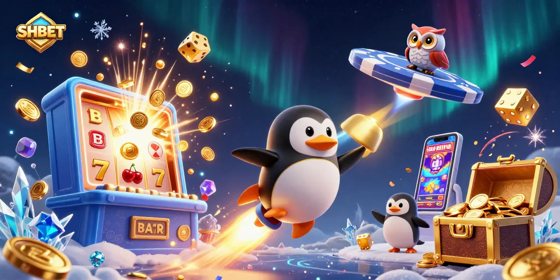 Engage with the vibrant SHBET casino universe with a golden penguin and exciting game elements.