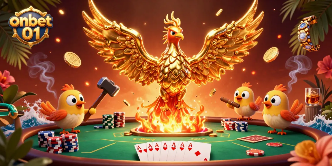 Experience the thrill of gaming with onbet 01 featuring golden phoenix, poker tables, and vibrant casino elements.