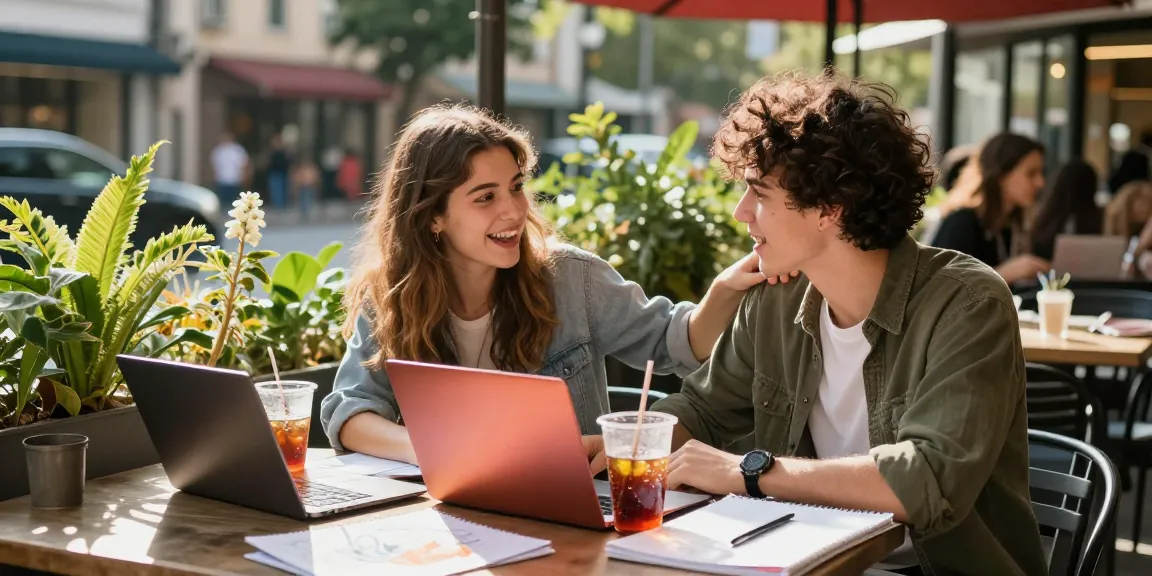 Friends discussing a crush on someone at an outdoor café, highlighting youthful connections.