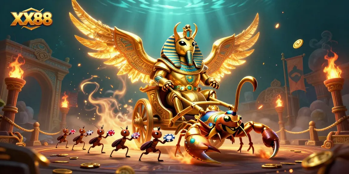 Experience thrilling gambling action with XX88's 3D illustration of a golden scarab beetle and gaming elements.