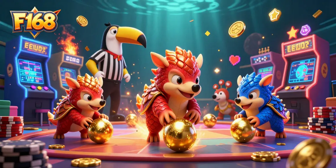 Experience F168's dynamic gameplay with vibrant pangolins in a casino-themed 3D illustration.