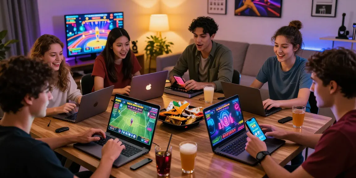 Friends enjoying a lively online gambling session at home, showcasing 181bet's vibrant betting environment.