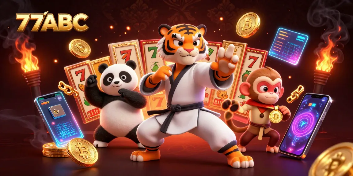 Experience the thrill of playing at 77ABC with a vibrant illustration of a kung fu tiger master and playful characters.