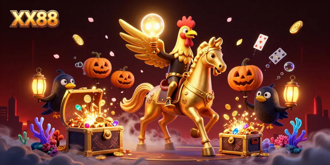 Experience the thrill at XX88 with a golden rooster and friends in a dynamic casino scene.