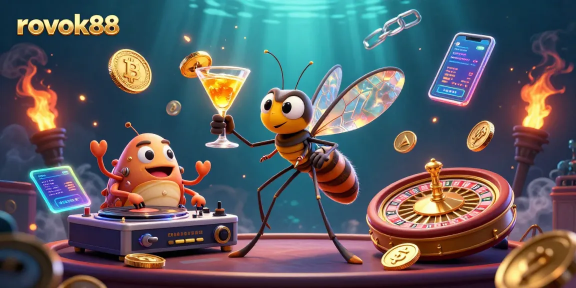 Engage with rokok88's exciting casino experience featuring a frozen mosquito mascot, trilobite DJ, and roulette wheel.