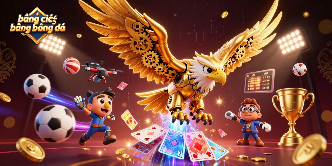 Engage with bảng xếp hạng bóng đá as the 3D cybernetic eagle soars through a vibrant casino-themed scene.