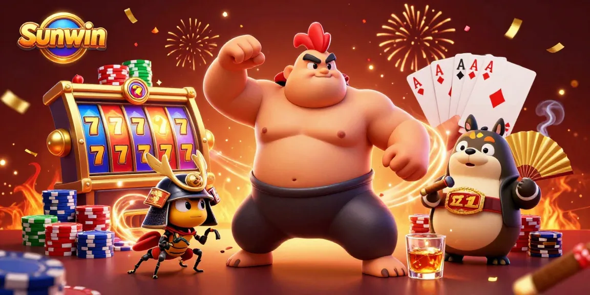 Sunwin offers an engaging gambling experience with vibrant slot reels and animated characters.