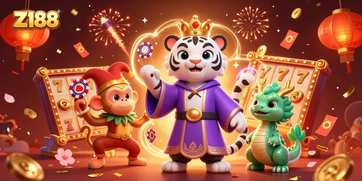 Experience Z188 with a playful scene featuring a white tiger, golden monkey, and jade dragon amidst vibrant casino elements.