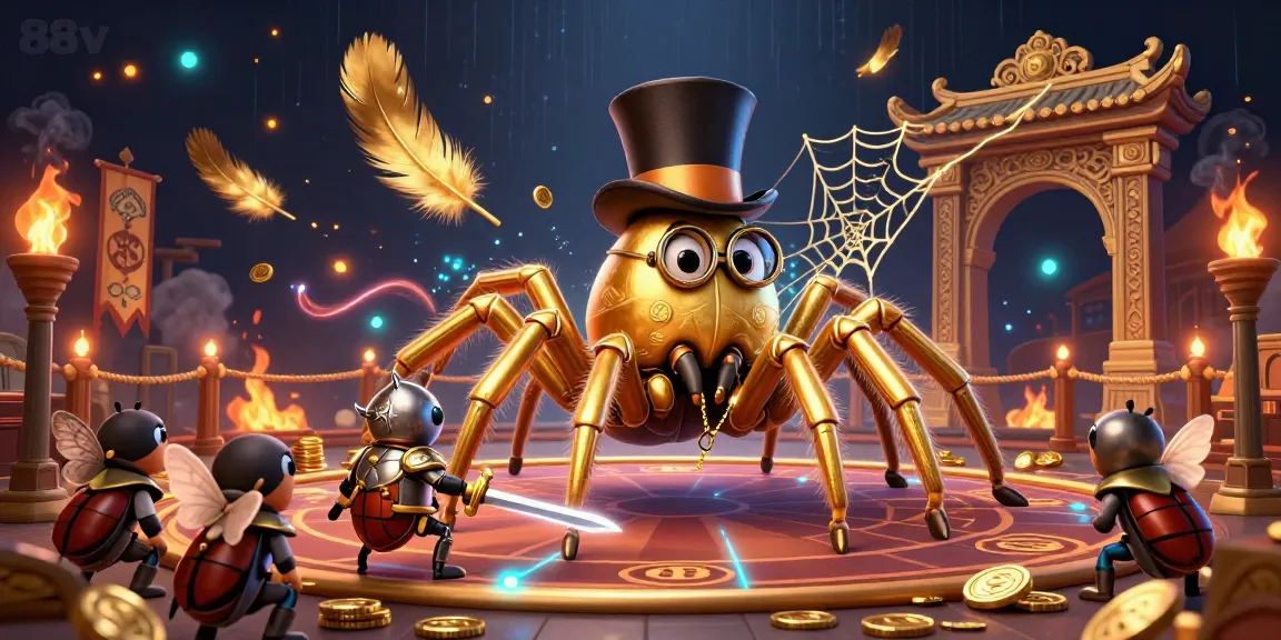 Experience thrilling entertainment with 88vv in a vibrant casino scene featuring a giant tarantula and a brave beetle knight.
