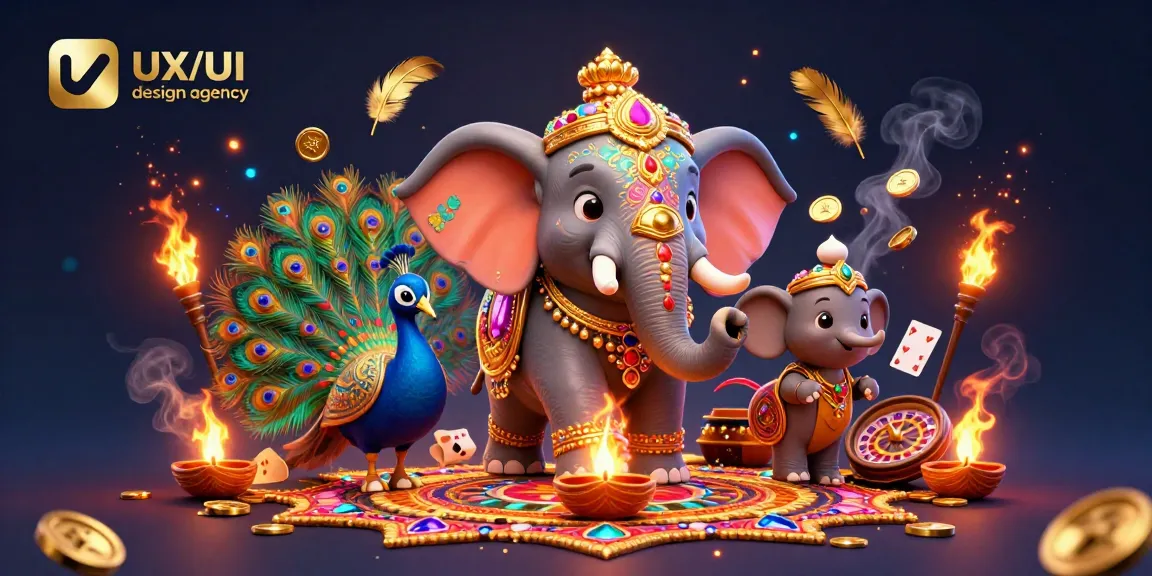 Vibrant 3D cartoon illustration showcasing a UX/UI design agency theme with an elephant, peacock, and casino elements.