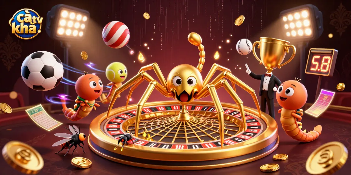 Place bets on cà khịa tv while a golden spider spins a roulette wheel web in this vibrant scene.