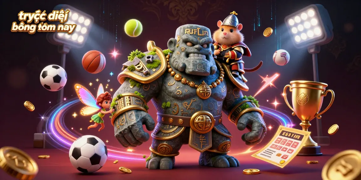 Experience trực tiếp bóng đá hôm nay with vibrant sports betting elements like soccer balls and trophy cups.