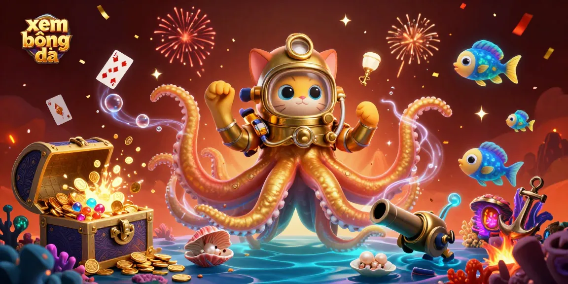 Engage in xem bóng đá with thrilling visuals featuring a kraken and diving cat in an underwater casino scene.