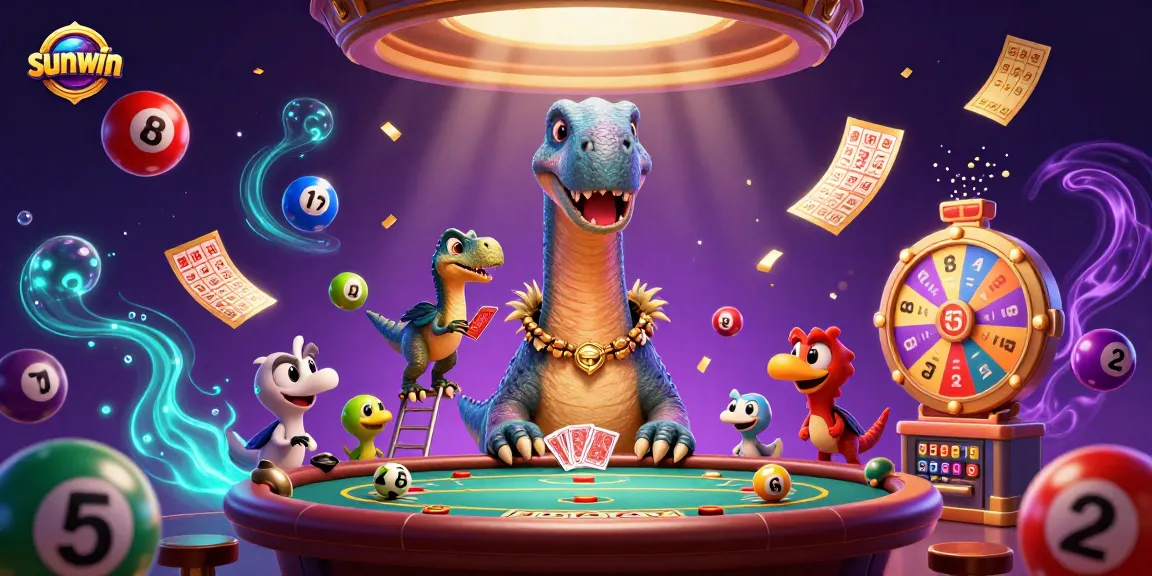Experience thrilling gameplay at sunwin with colorful lottery balls and engaging characters in a vibrant casino.