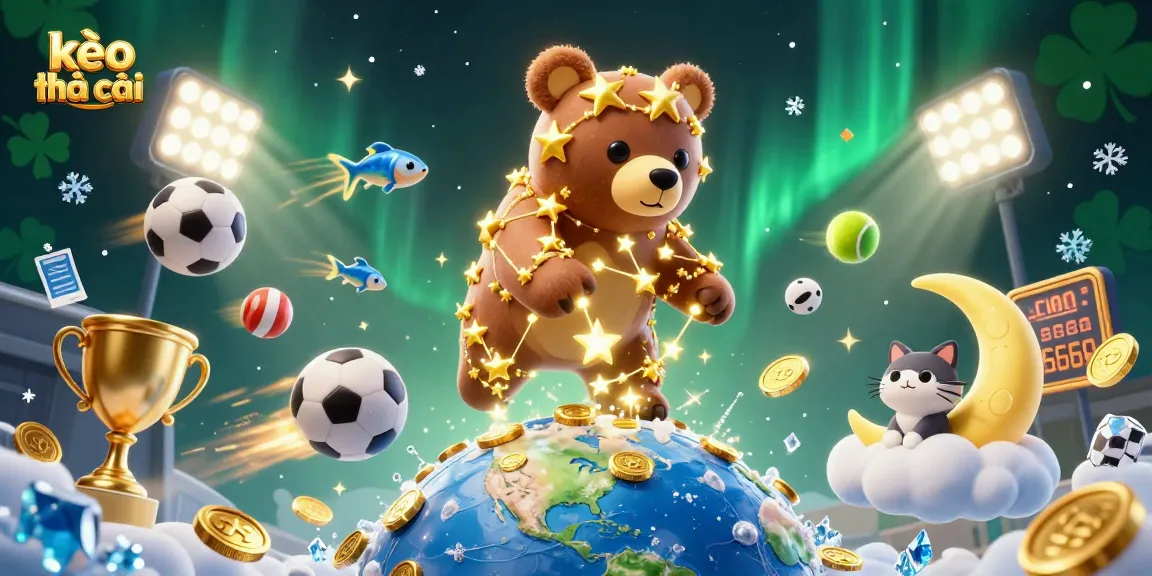 Engage with the kèo nhà cái as the constellation bear scoops coins, surrounded by dynamic sports elements.