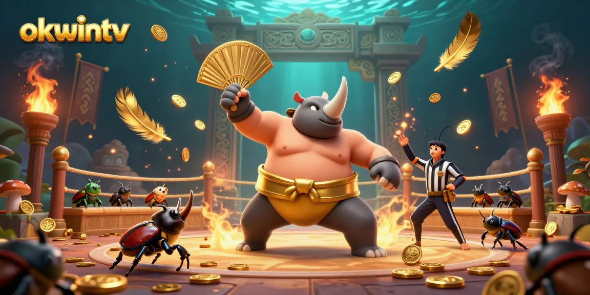 okwintv sumo champion beetle in an exciting betting scene, celebrating wins with flying gold coins