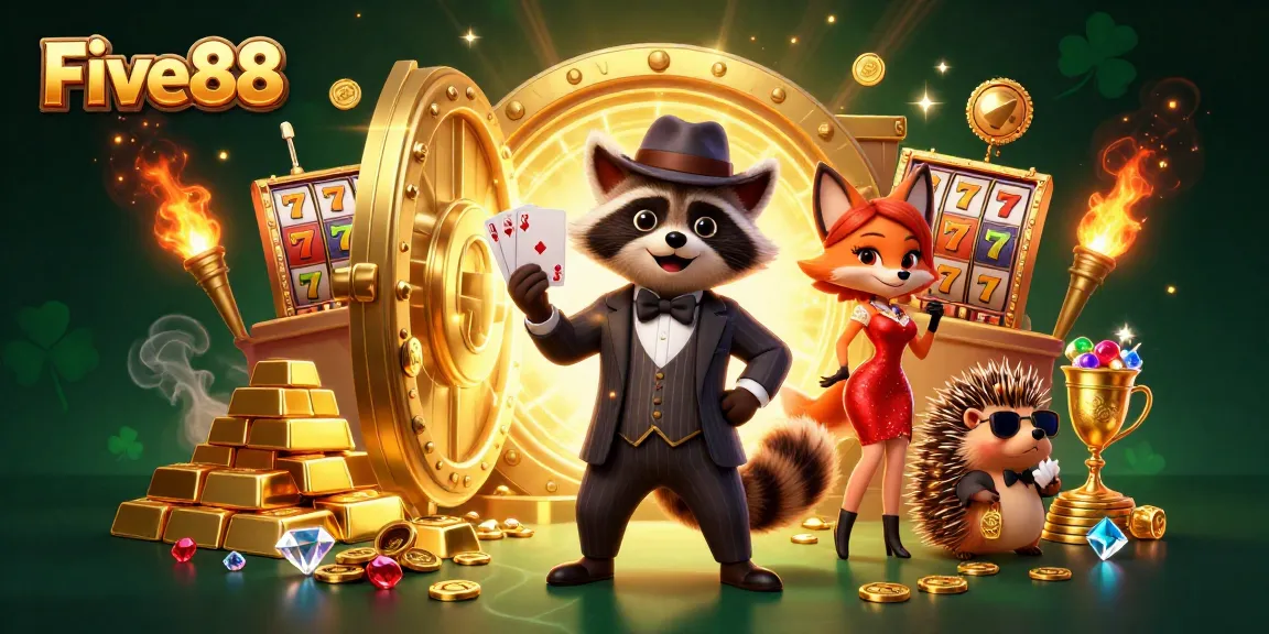 Five88 casino illustration with a suave raccoon, a stylish fox, and a bouncer surrounded by gold, jewels, and slots.