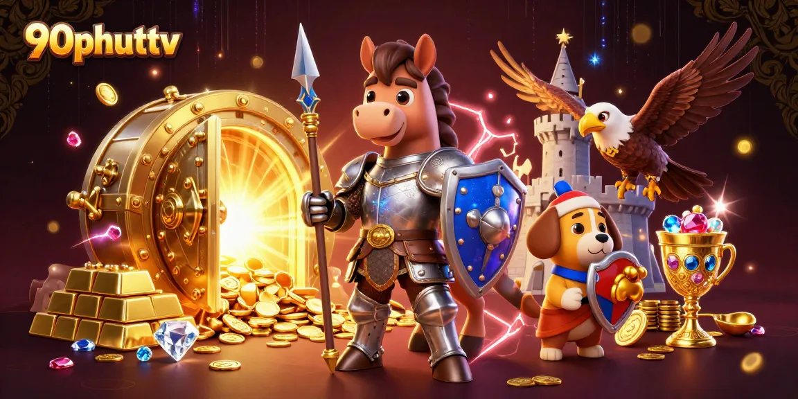 Engage with 90phuttv's thrilling casino experience featuring a knight, squire, and falcon amid treasure.