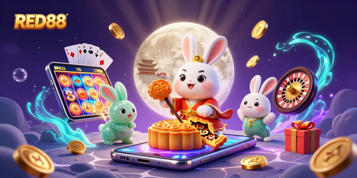 Experience the vibrant RED88 casino scene with a moon rabbit and gaming elements.