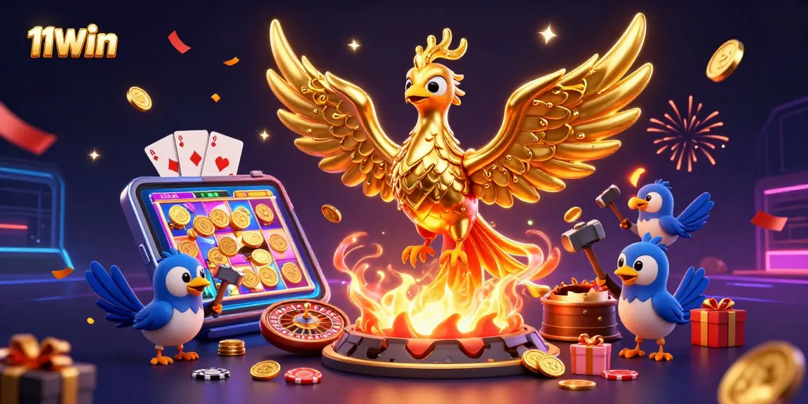 Spin the reels with 11WIN's vibrant slots, as golden phoenixes shower coins and excitement.