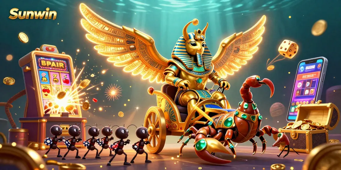 Experience the thrill of gaming with Sunwin's immersive casino scene featuring dynamic slot machines and vibrant characters.