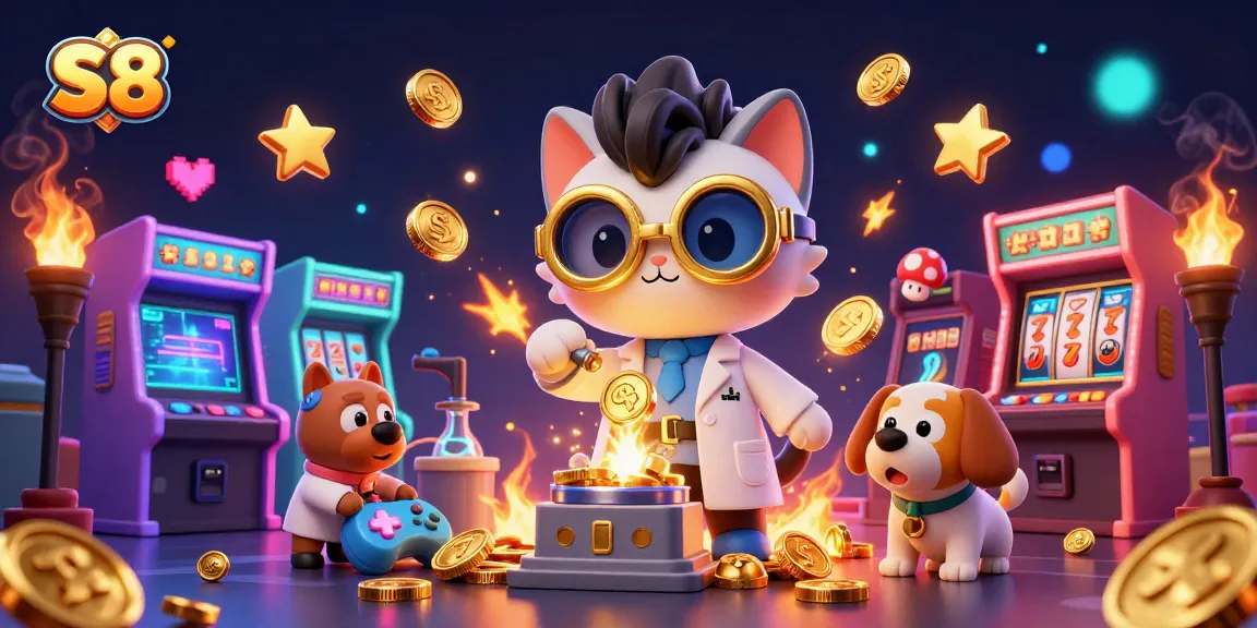 Join the S8 action as the mad scientist cat creates a gold-coin machine in a vibrant casino environment.