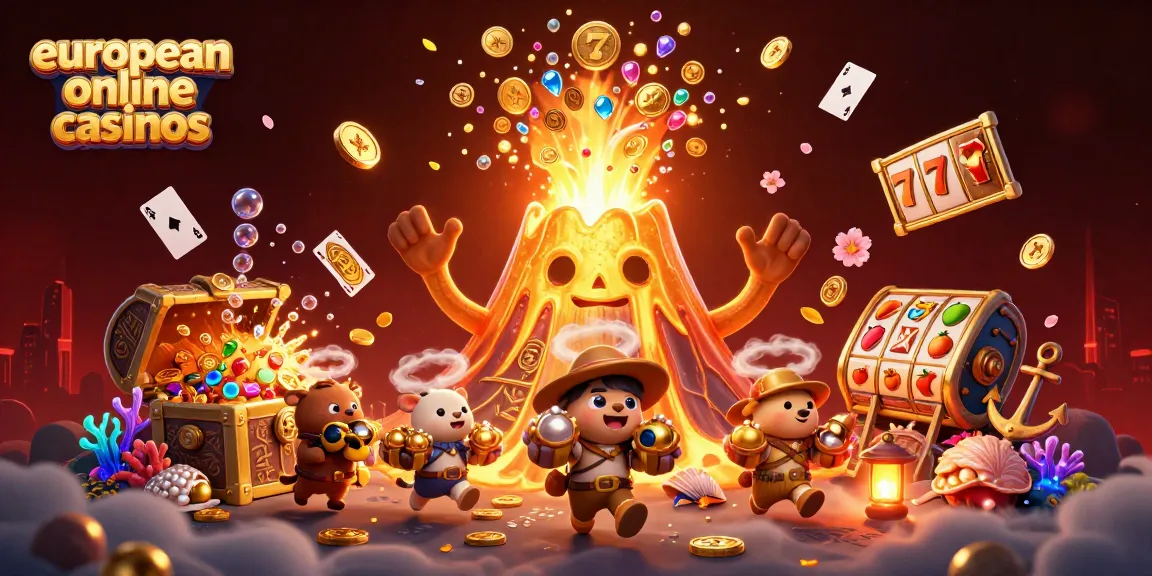 Experience the thrill of european online casinos with a vibrant 3D scene of treasures and gaming elements.