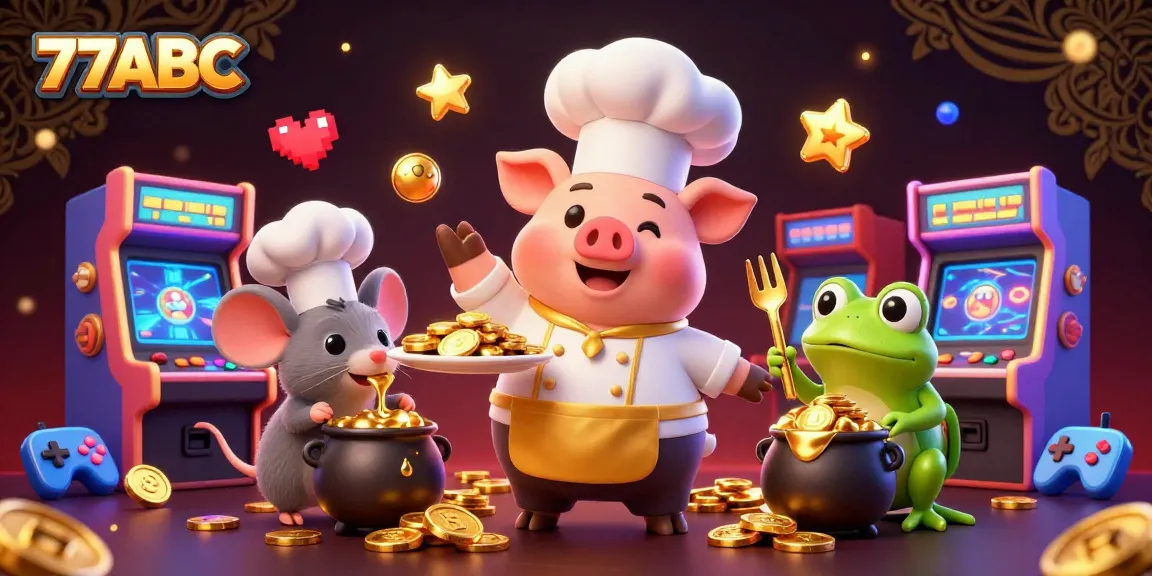 Engage with 77ABC as a 3D cartoon chef pig serves gold coins in a vibrant casino scene.